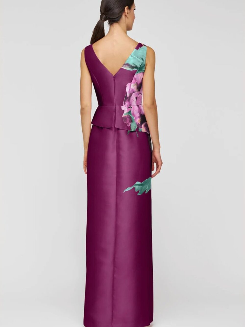 Kay Unger Mulberry Purple Luciana Placed Floral Mikado Column Gown - Picture 3 of 4